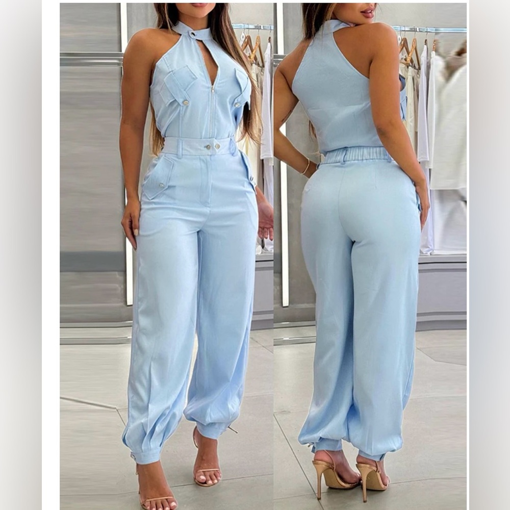 NEW Light Blue ChicMe 2-Pce Cargo Pant Set Size L NWOT